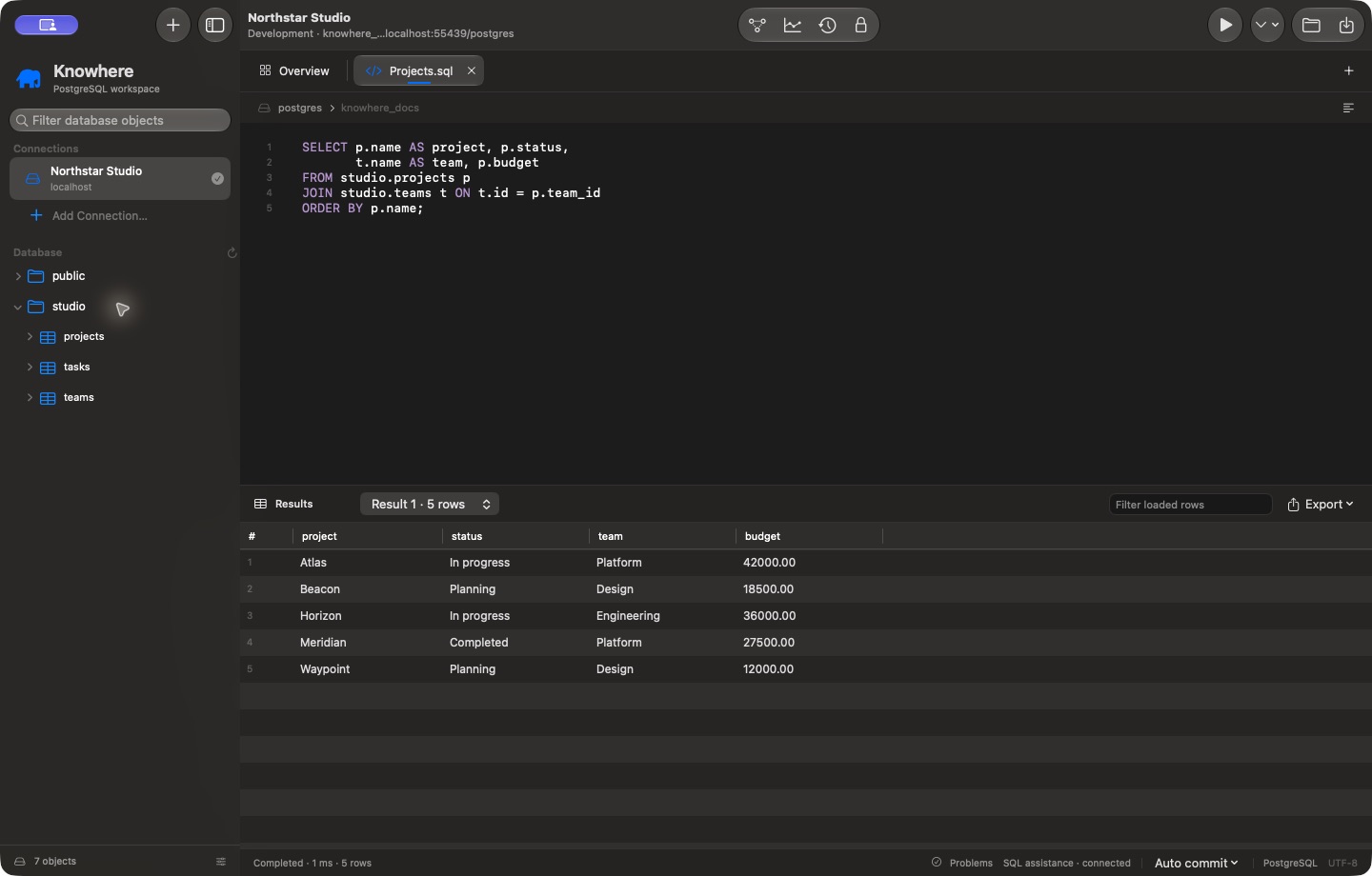 Knowhere's native Mac workspace running a project query against a synthetic PostgreSQL database, with results below the editor.